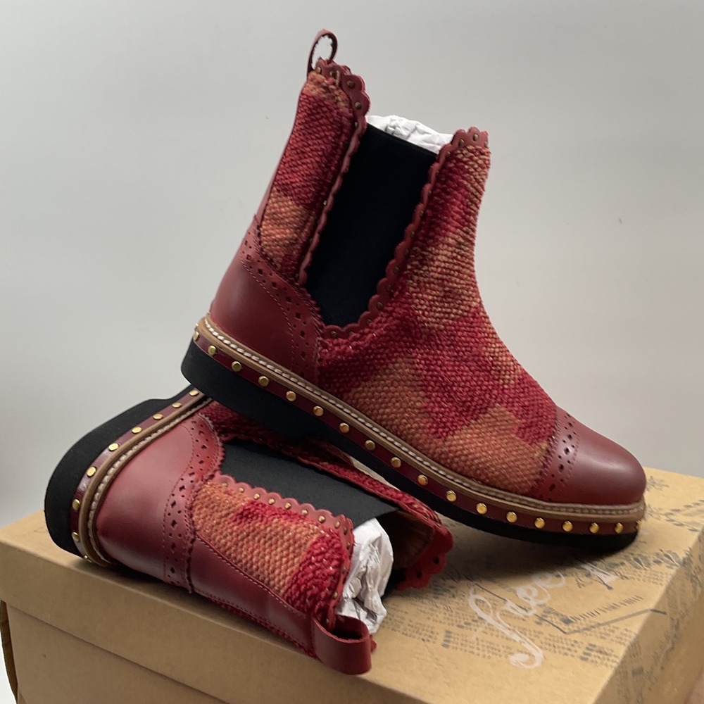 Free People Brayden Ankle Boots Red Leather Kilim Woven Studded Brogue Chelsea